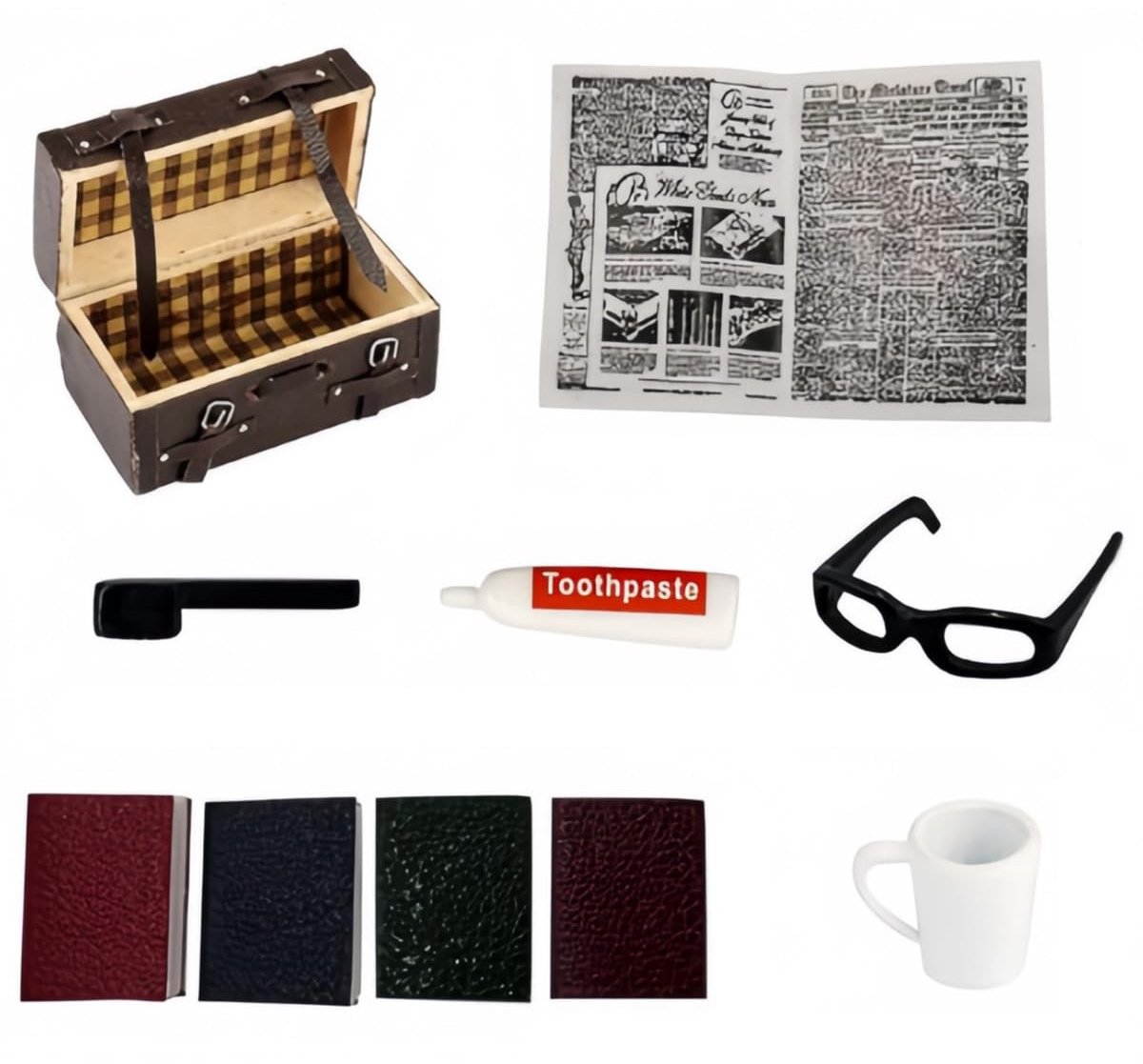Dailygoods- Reisset Mini Retro - 10 Stuks - Houten Koffer - Tandenborstel/Beker - Reisdecoratie - Multicolor - Praktische Set - Miniatuurset