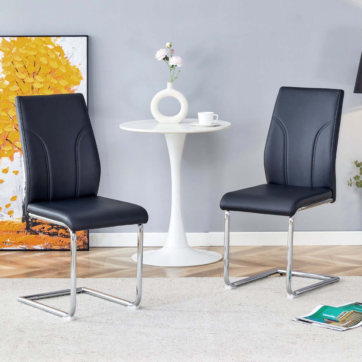 MODFU Eetkamerstoelen - Hoge Rugleuning - Zwart Kunstleer - Metalen Onderstel - Set Van 2
