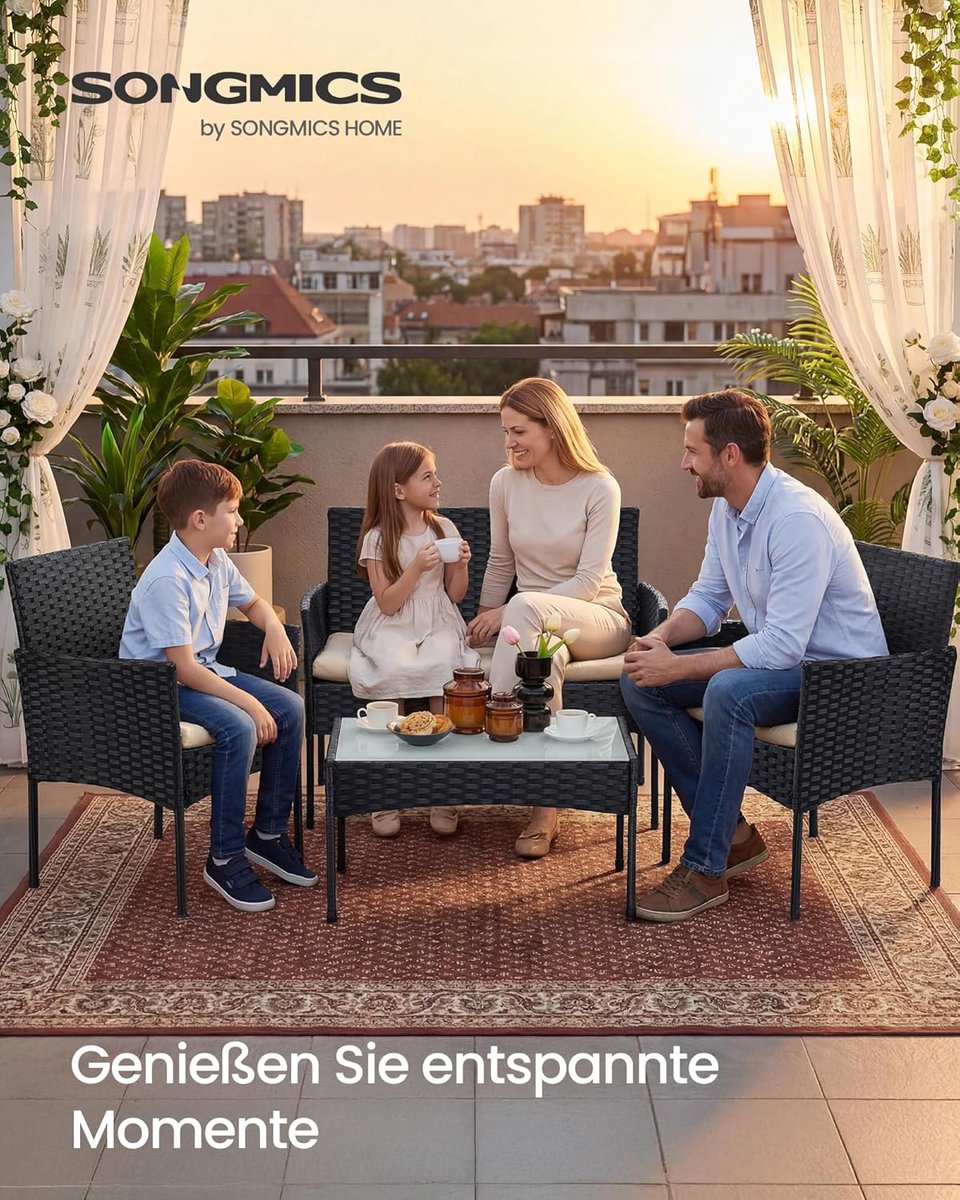 Luxe Polyrattan Lounge Tuinset 4-delig – Balkon- & Terrasset met Glazen Tafelblad 6 cm Kussens – Outdoor Set Black/Taupe