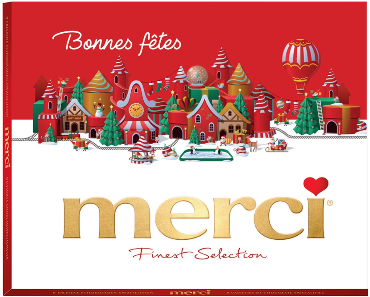 merci 250g "Bonnes fêtes" - merci Finest Selection Assorted chocolade - Mix van 8 smaken - Chocolade cadeau - Kerstcadeau - Individueel verpakte chocoladereepjes