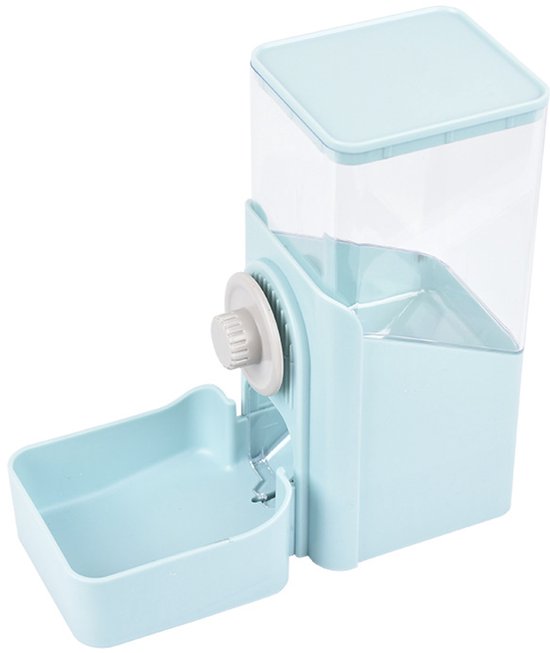 Distributeur de nourriture automatique bleu clair pour animaux de compagnie avec réservoir transparent, bouton rotatif gris et bac d'alimentation, isolé sur fond blanc.