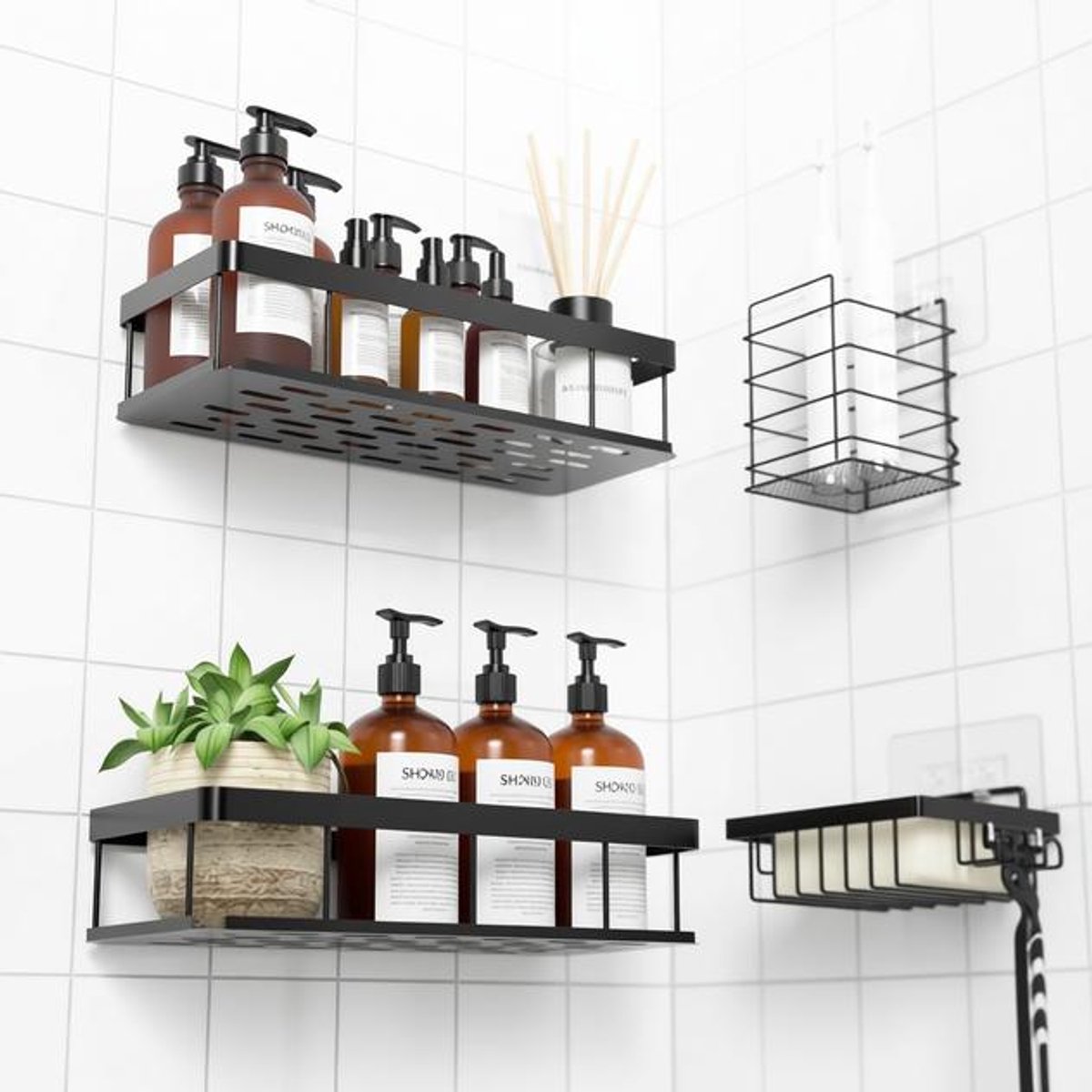 ElleMooi Doucherek Zonder Boren - No-Drilling Adhesive Wandmontage Badkamerplank - 4-delig met Zeepdoosje en Tandenborstelhouder - Roestbestendig tot 20 kg - Zwart