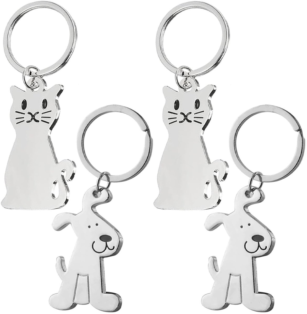 Dailygoods- Sleutelhangers 4 stuks - Dierenpatroon - Hondensleutelhanger/Kattensleutelhanger - Roestvrij staal - Zilver - Hoogwaardig materiaal - Dierenaccessoire