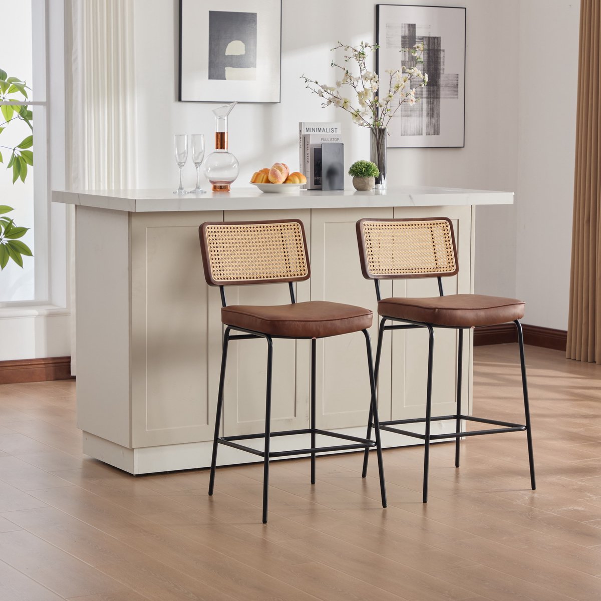 Clruro Barstoel - 2 Stuks - PU Leder Vintage Stoel Zonder Armleuningen - Rattan Rug Met Houten Frame - Gelakte Metalen Poten - Bruin