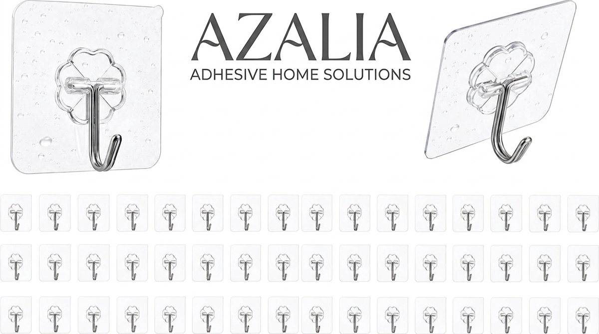 Azalia Zelfklevende haken, 30 stuks, transparant, zonder boren (max. 10 kg), naadloos, waterdicht en oliebestendig, multifunctionele kleefhaken, wandhaken, zelfklevend, voor keuken en badkamer
