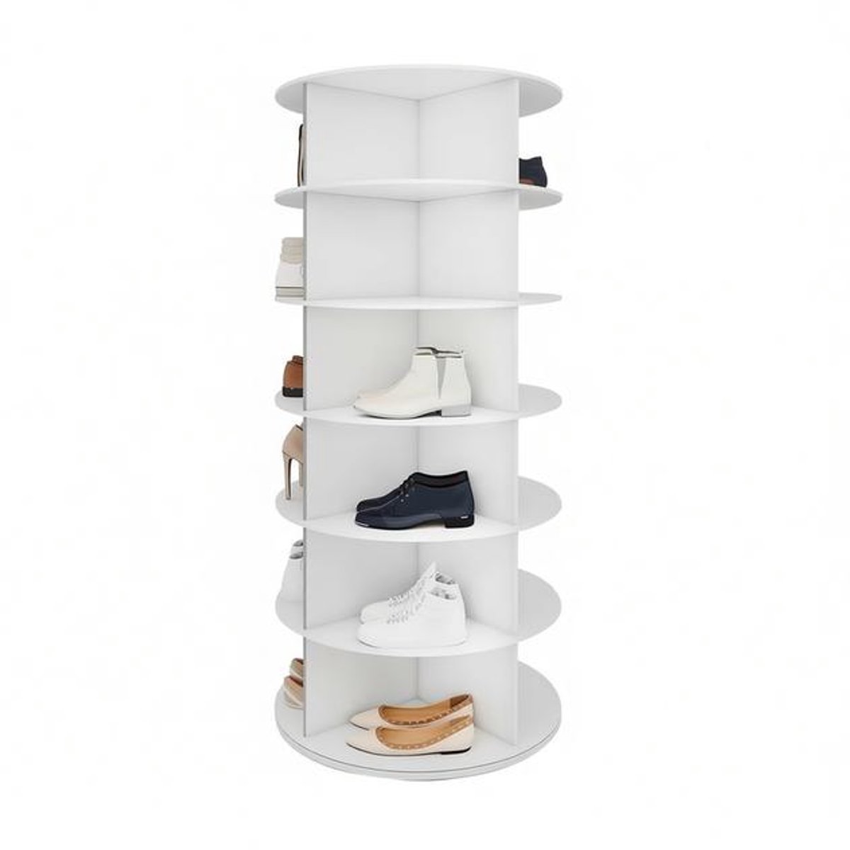 Draaibare Schoenenrek Toren 6 Niveaus 360° – Wit Rond Opbergrek voor 24 Schoenen, Lazy Susan Carrousel voor Hoeden en Tassen.