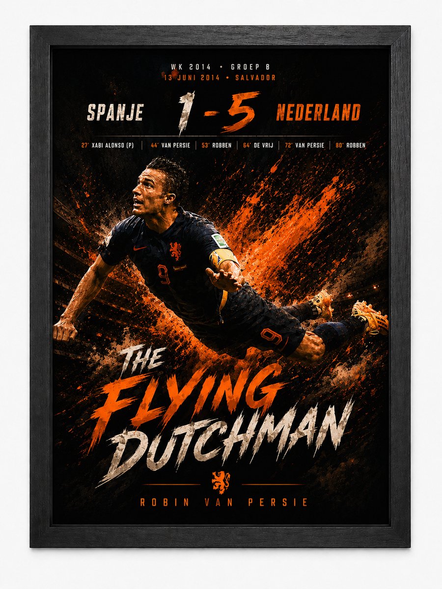 Joshimo Robin van Persie Poster | The Flying Dutchman WK 2014 | Spanje 1-5 Nederland | Inclusief Zwarte A4 Lijst