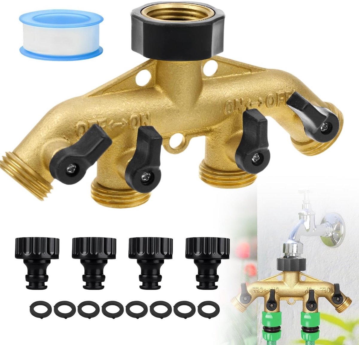 Dailygoods - 4-Weg Messing Waterkraan Verdeler met Afsluitventielen
