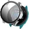 Transparante smartwatch case met zilverkleurige rand, opengeklapt van een turkoois horlogebandje.
