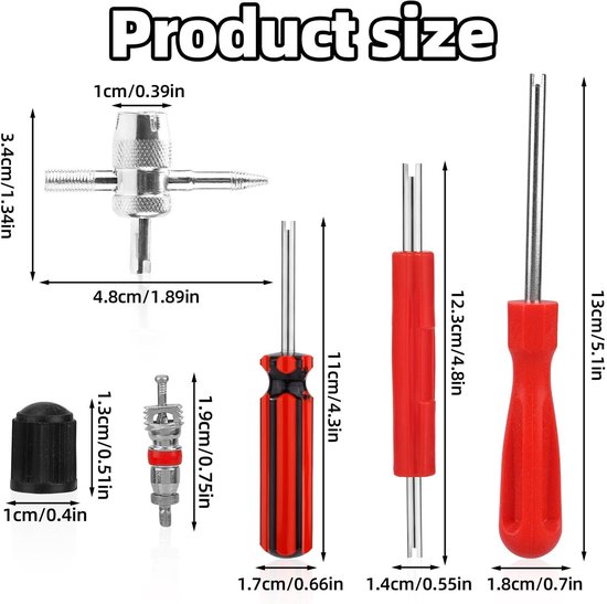 Bandenventiel Gereedschapsset - Ventiel Reparatie Kit - Banden Onderhoud - 4-in-1 Multifunctioneel - 64 Delig - Grijs — afbeelding 5