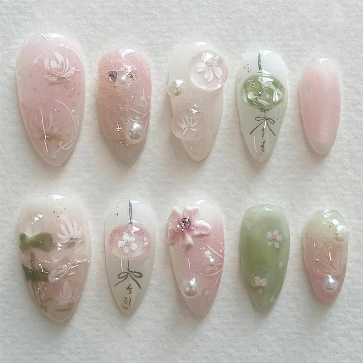 Dailygoods- Kunstnagels 24 stuks - 3D Reliëf Bloemen - Amandelvormige - Nagellijm - Volledige Dekking - Hoogwaardig ABS Materiaal - Nepnagels