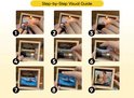 Stapsgewijze visuele gids voor het maken van een fotoflipbook, van het inbrengen van foto's tot het eindresultaat.