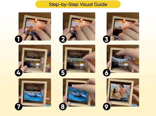 Stapsgewijze visuele gids voor het maken van een fotoflipbook, van het inbrengen van foto's tot het eindresultaat.