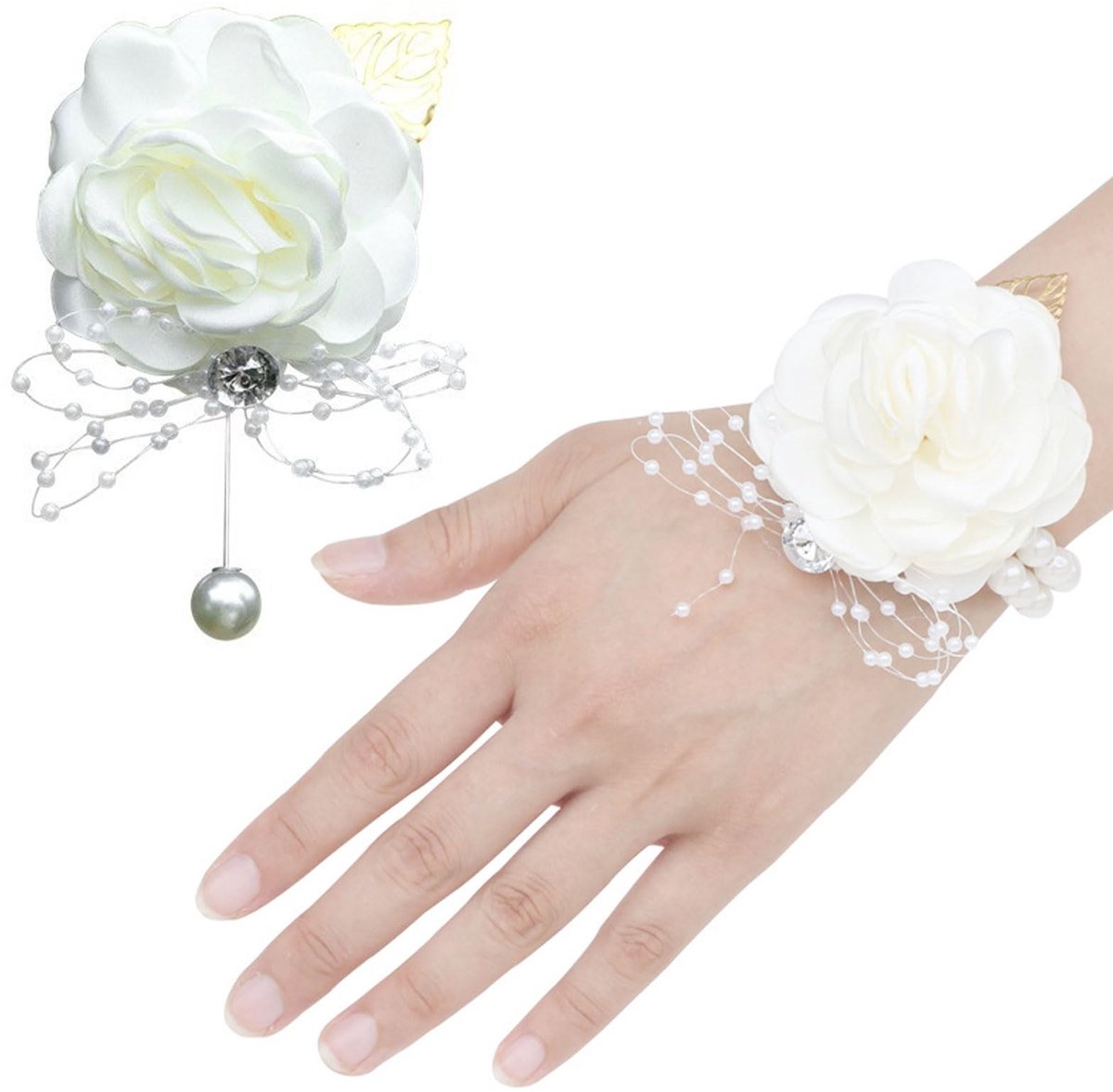 Dailygoods- Corsage 2PCS - Bruiloft Corsage - Rozen Polscorsages - Wit - Lichtgewicht - Verstelbare Armband - Polsband