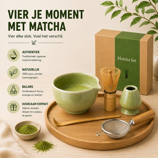 Matcha set in een geschenkverpakking: kom, klopper, lepel, houder en poeder.