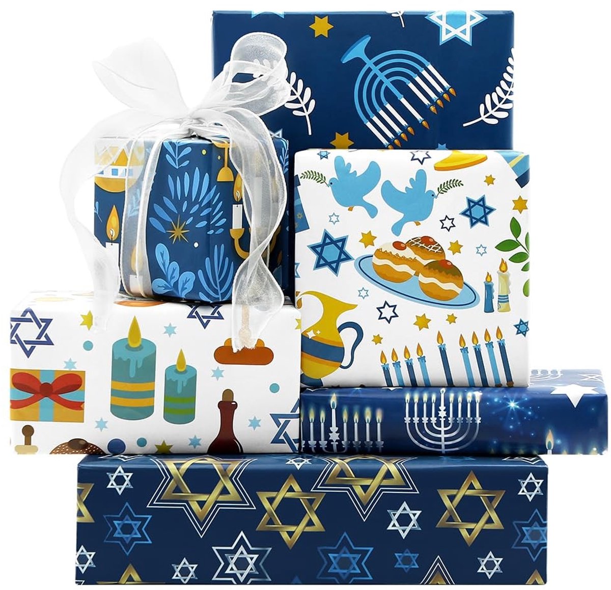 Dailygoods- Inpakpapier Chanoeka - Menorah/Davidster - 6 Vellen - 50 x 70 cm - Glanzende Afwerking - Feestdagen/Cadeaus - Cadeaupapier