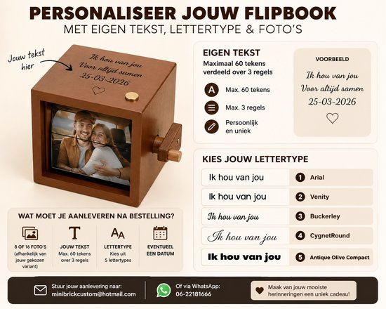 Bruine houten fotokubus met gravure 'Ik hou van jou Voor altijd samen 25-03-2026'. Bevat een foto van een koppel. Toont opties voor tekst en lettertype.