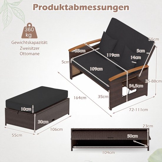Afmetingen van bruine PE-rotan bank met ottomaan, 2-zits en hocker, met afmetingen in cm. Zwart kussen.