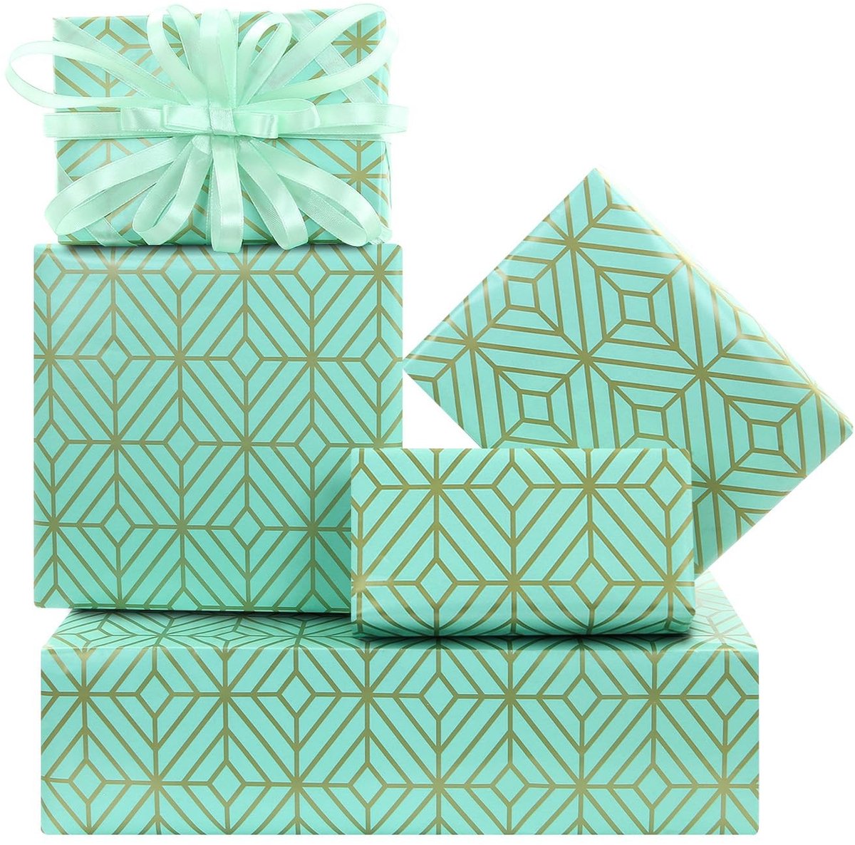 Dailygoods- Inpakpapier 4 vellen - Mintgroen/Goud - Geometrisch/Ruitrooster - Luxe Geschenken - Voor Bruiloft/Verjaardag - 50x70cm - Cadeaupapier