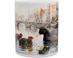 Mok met Meerkoet - Fulica atra met Kuikens in Stadsgracht - Aquarel Natuur Illustratie Watervogel - Koffiemok Cadeau Natuurliefhebber - Koffiebeker Bureau