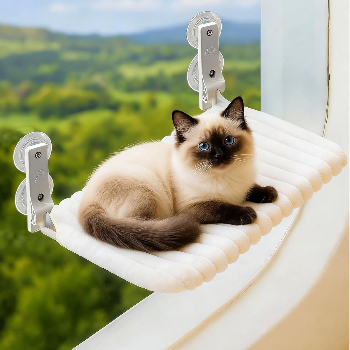 Vouwbare kattenhangmat voor het raam met zachte omkeerbare hoes, stevige stalen frame, tot 18 kg draagvermogen, ideaal voor kattenrust en zonnebaden