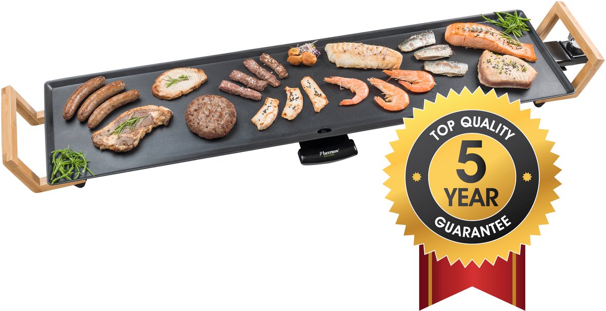 Bestron Bakplaat - ABP604BB - 1800W - Gourmet, Grillplaat XL 90x23cm - 8-10 personen - Bamboe - 5 jaar garantie