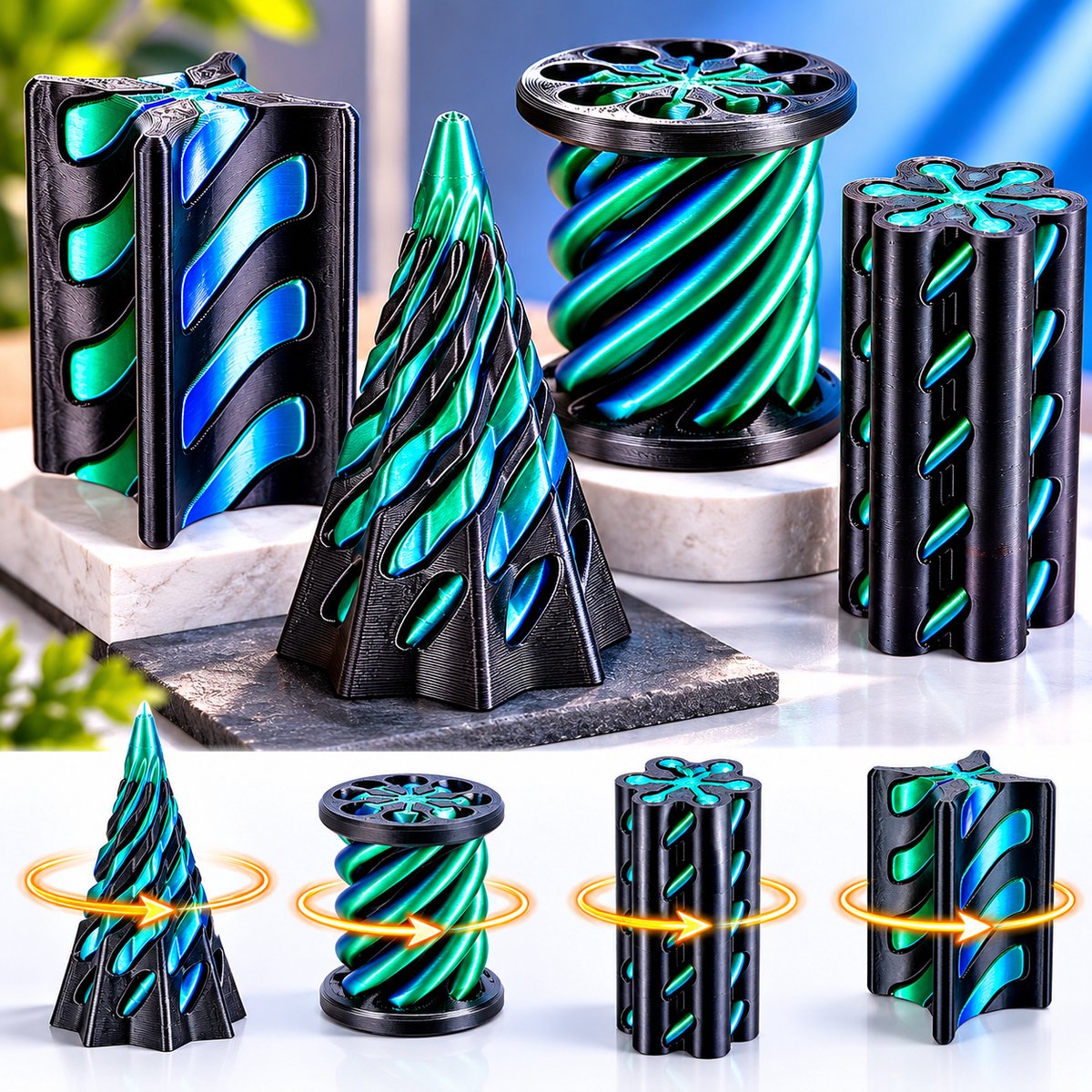 Tolvia Fidget Toy Set - 4 Stuks 3D Geprinte Optische Illusie Fidget Speeltjes - Sensorisch Speelgoed voor Stressvermindering, Focus en Ontspanning - Anti Stress Bureau Gadget voor Kinderen en Volwassenen - Blauwgroen