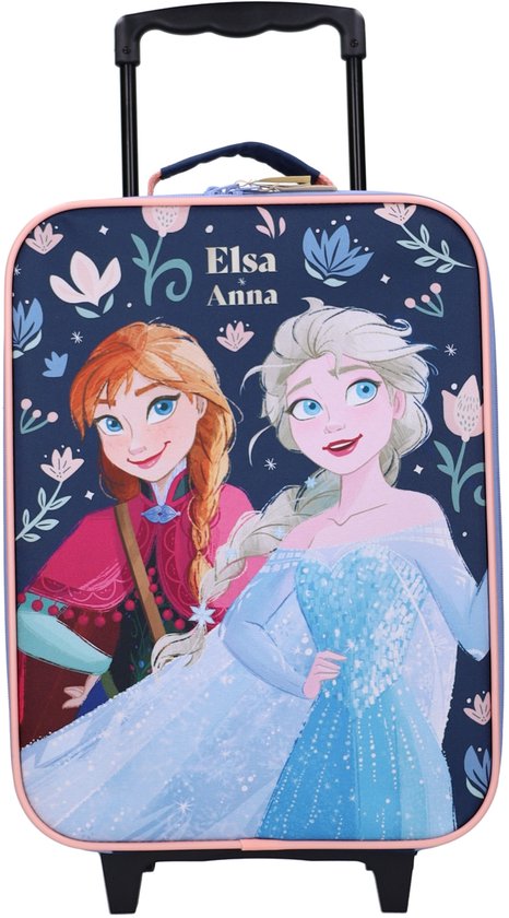 Donkerblauwe kindertrolley met een print van Elsa en Anna uit Frozen. De koffer heeft bloemen en planten op de achtergrond en roze accenten.