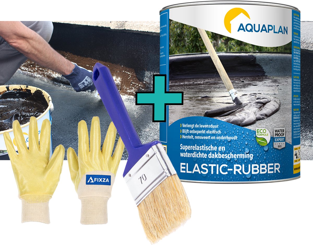 Aquaplan Elastic-Rubber Dakcoating – set – Elastische Rubbercoating voor Bitumen Dak, Dakreparatie en Dakafdichting van Platte Daken – 16 kg