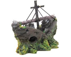 Aquarium Decoratie Gezonken Scheepswrak met Mast – Resin Aquarium Ornament – Schuilplaats voor Vissen – 13 cm