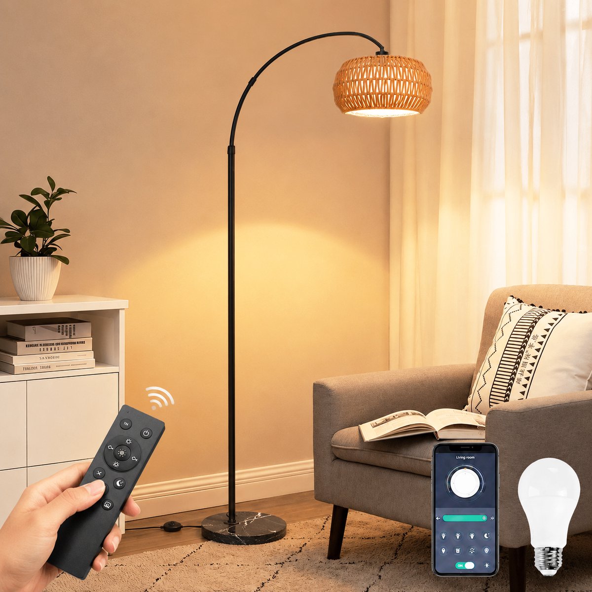 MUPOO Boho Rotan vloerlamp Booglamp 185cm-Staande Lamp Dimbaar met APP Afstandsbediening