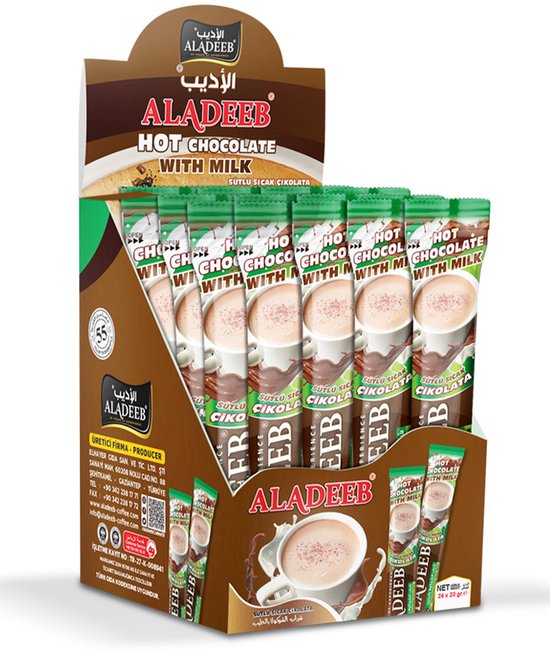 Displaydoos Aladeeb Hot Chocolate with Milk met zichtbare sachets en productinformatie.