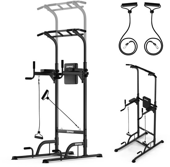 Zwart trainingsrek met trekstang, dipstangen en beensteunen. Inclusief 2 weerstandsbanden met handvatten.