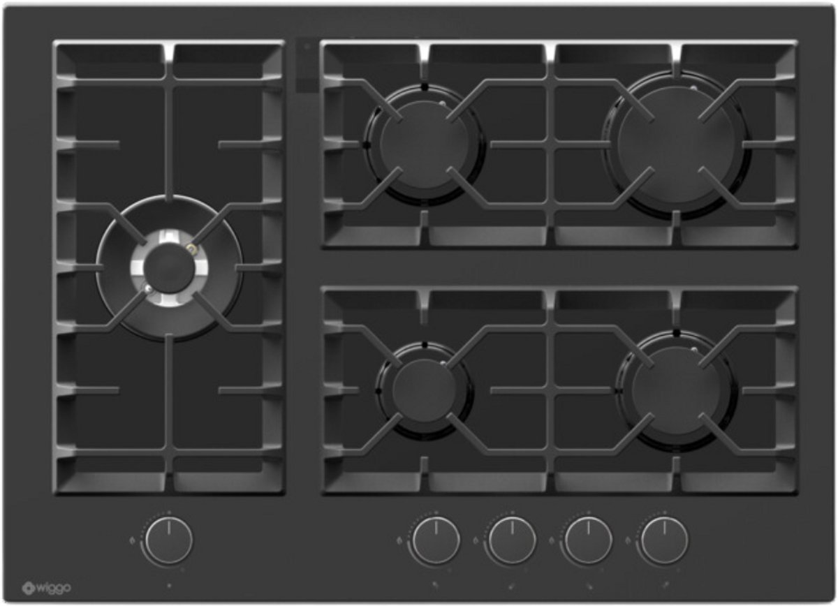 Wiggo WH-G735GR(B) - Inbouw Gaskookplaat - Glas op gas - Wok brander - 70cm - 5 Kookzones - Gietijzeren pannendragers - 5 jaar garantie - Zwart Glas