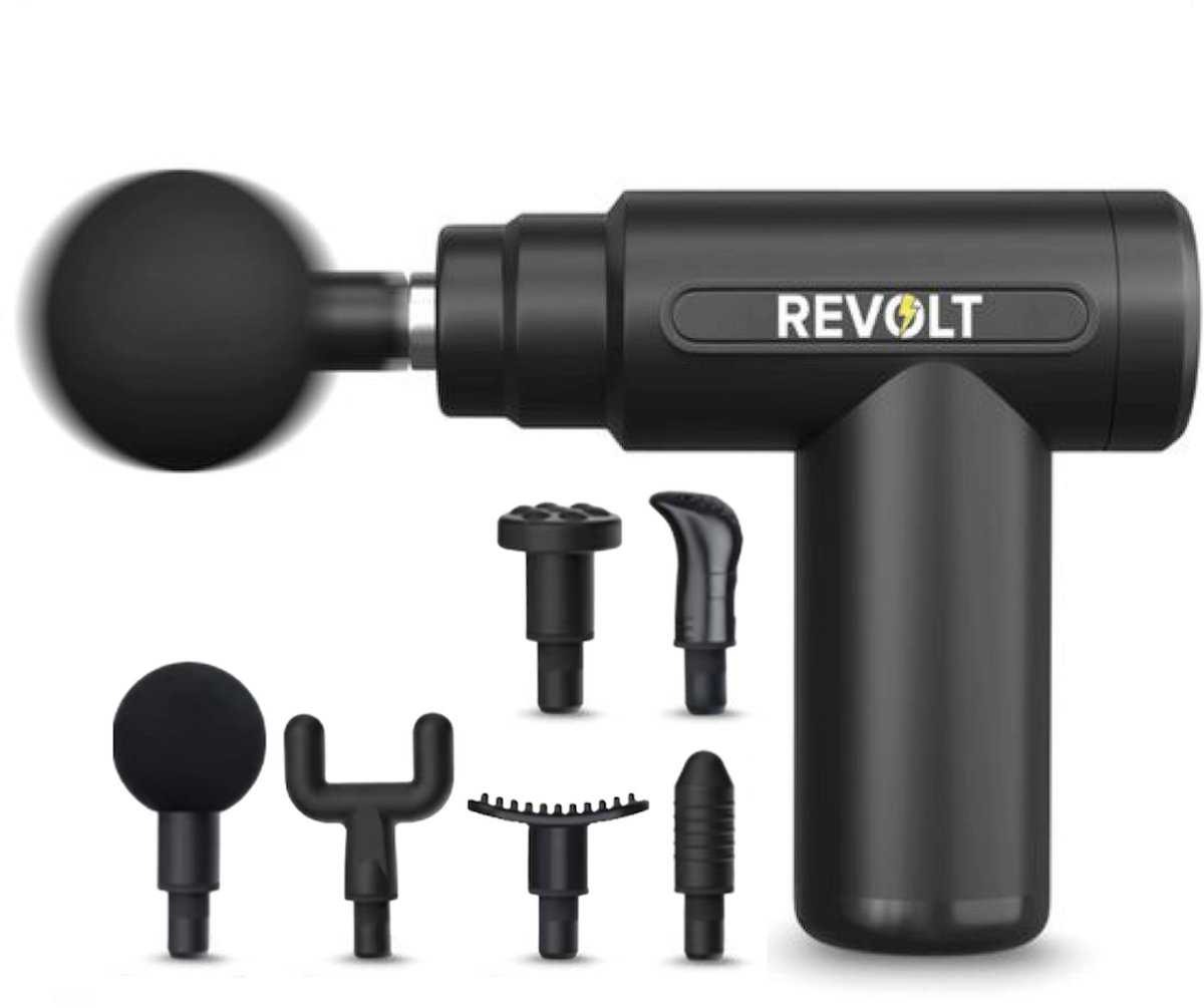 Bol.com Revolt - Mini Massage Gun - Inclusief 4 Opzetstukken - Inclusief Adapter - 6 Snelheidsstanden - Spierherstel & Spieronts... aanbieding