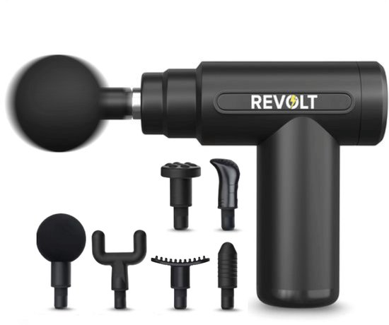 Revolt - Mini Massage Gun - Inclusief 4 Opzetstukken - Inclusief Adapter - 6 Snelheidsstanden - Spierherstel & Spierontspanning - Massage Pistool - Massage Apparaat Professioneel