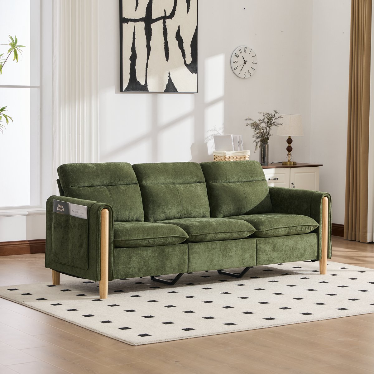 STILVORA Hoekbank 201 x 77 x 86 cm - 3-Zits Met Opberghocker En Zijvakken - Voor Woonkamer En Kleine Ruimtes - Chenille Groen