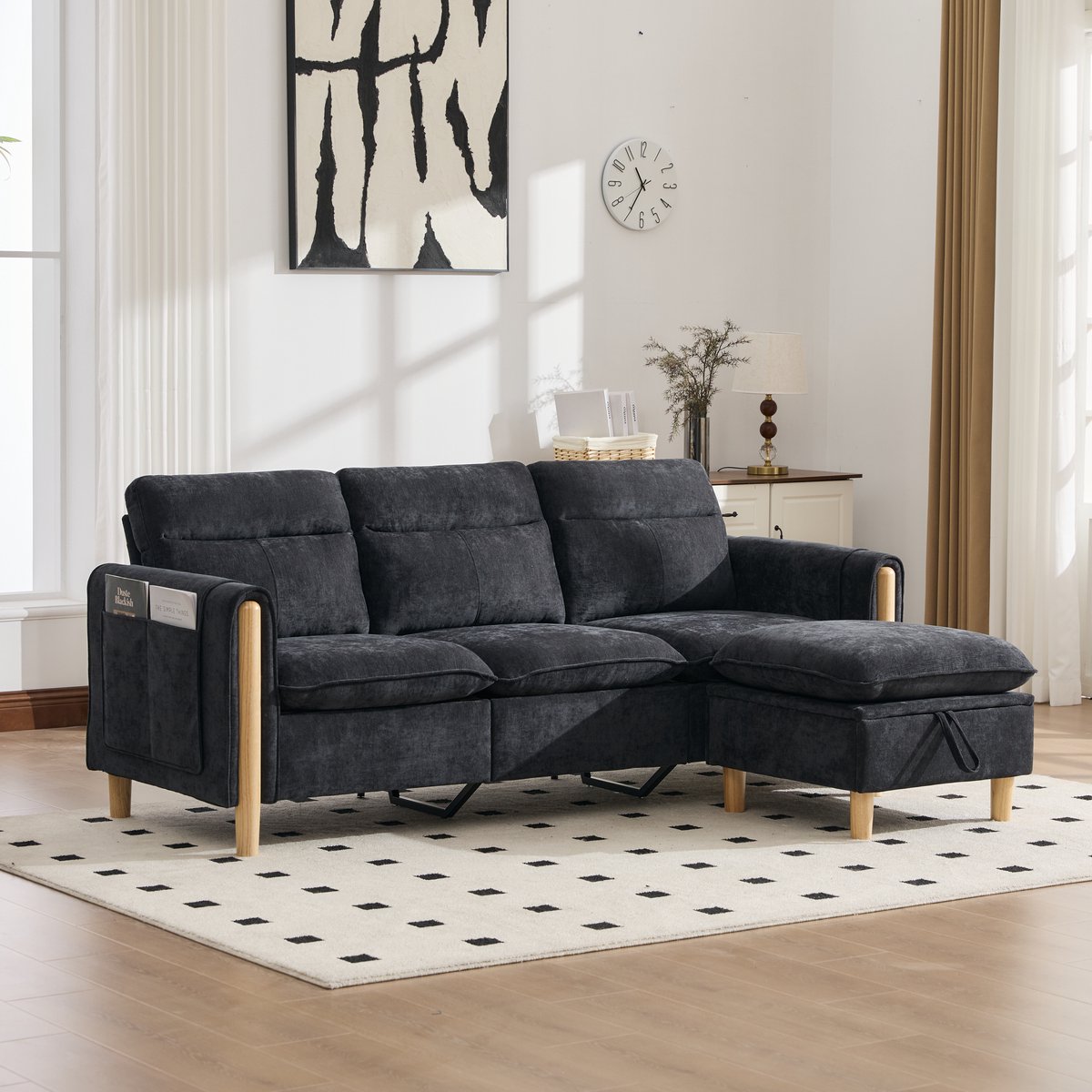STILVORA Hoekbank 201 x 77 x 86 cm - 3-Zits Met Opberghocker En Zijvakken - Voor Woonkamer En Kleine Ruimtes - Chenille Zwart