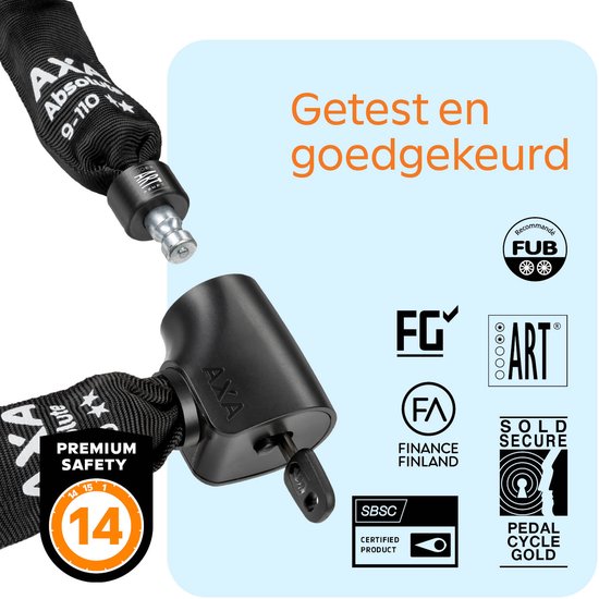 AXA Absolute 9-110 ART 2 Kettingslot – Fietsslot met keurmerk – Sterk slot met stalen ketting – Voor elektrische fiets, fatbike en bakfiets - Inclusief sleutelservice – 110 cm