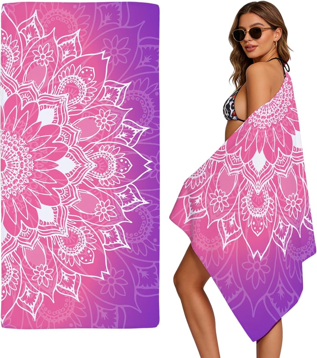 Strandhanddoek - Microvezel strandhanddoek - Paarse en roze mandala strandhanddoek, gemaakt van microvezel, zandvrij en sneldrogend, lichtgewicht badhanddoek, geschikt voor volwassenen en kinderen.