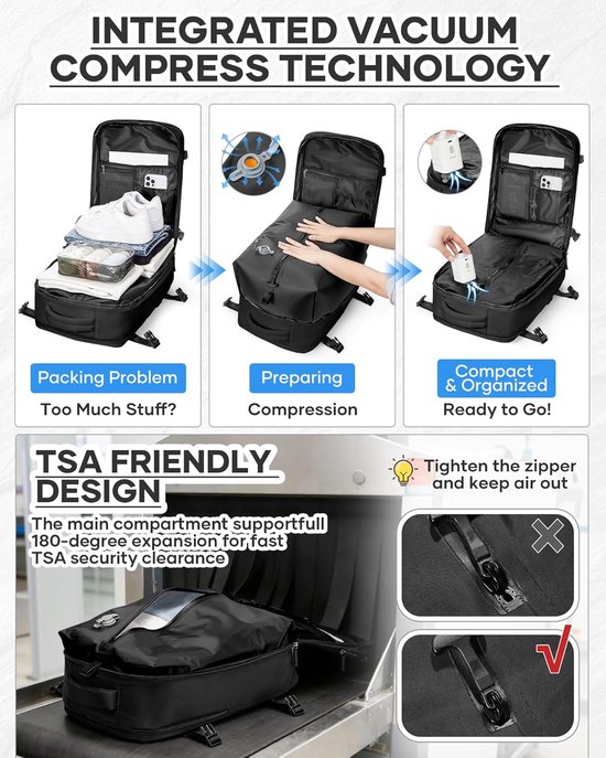 Reisrugzak met pomp - Vakantie tas - Bagage comprimeren - Geïntegreerd vacuümsysteem - 40x30x20 cm - Zwart — afbeelding 4