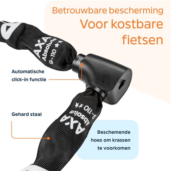 AXA Absolute 9-110 ART 2 Kettingslot – Fietsslot met keurmerk – Sterk slot met stalen ketting – Voor elektrische fiets, fatbike en bakfiets - Inclusief sleutelservice – 110 cm