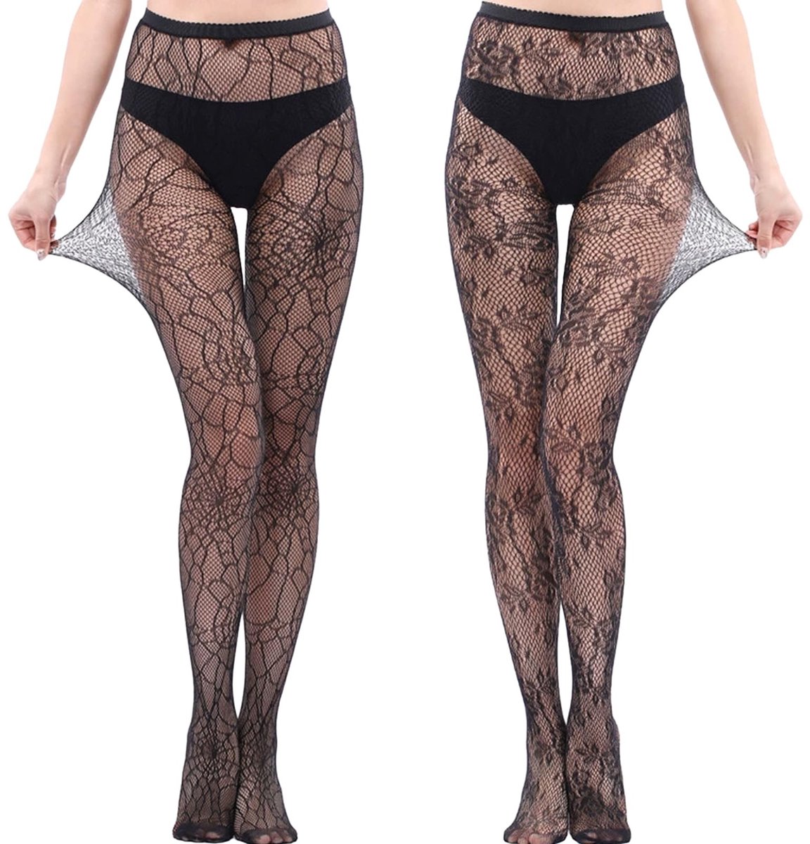 Dailygoods- Damespanty 2 Stuks - Netpanty/Zwart - Bloemenkant/Spinnenwebdesign - Rekbaar/Ademend - S-XL - Perfect voor Feestjes