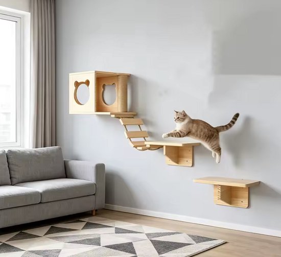 Ensemble mural en bois pour chat avec une maisonnette, une échelle, un poteau à gratter et une plateforme de saut, avec un chat qui saute.