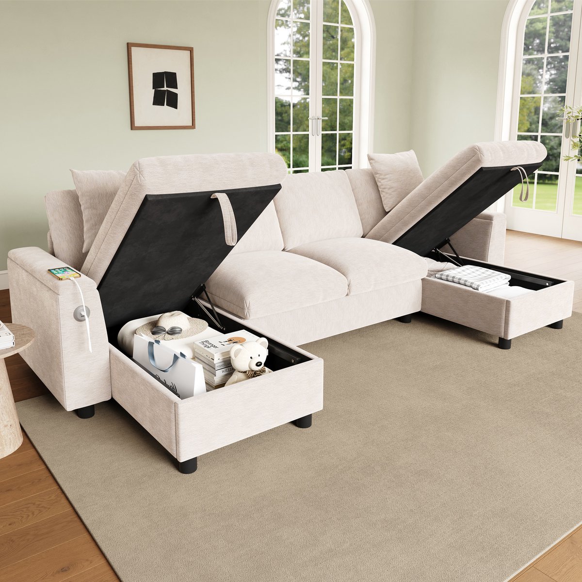 OKWISH U-Bank 284 x 135 cm - Met Opbergruimte En Oplaadpoorten - Voor Woonkamer - Chenille - Beige