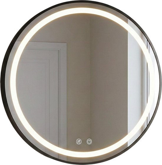 Ronde spiegel met LED verlichting en touch bediening, tegen een zwarte achtergrond.