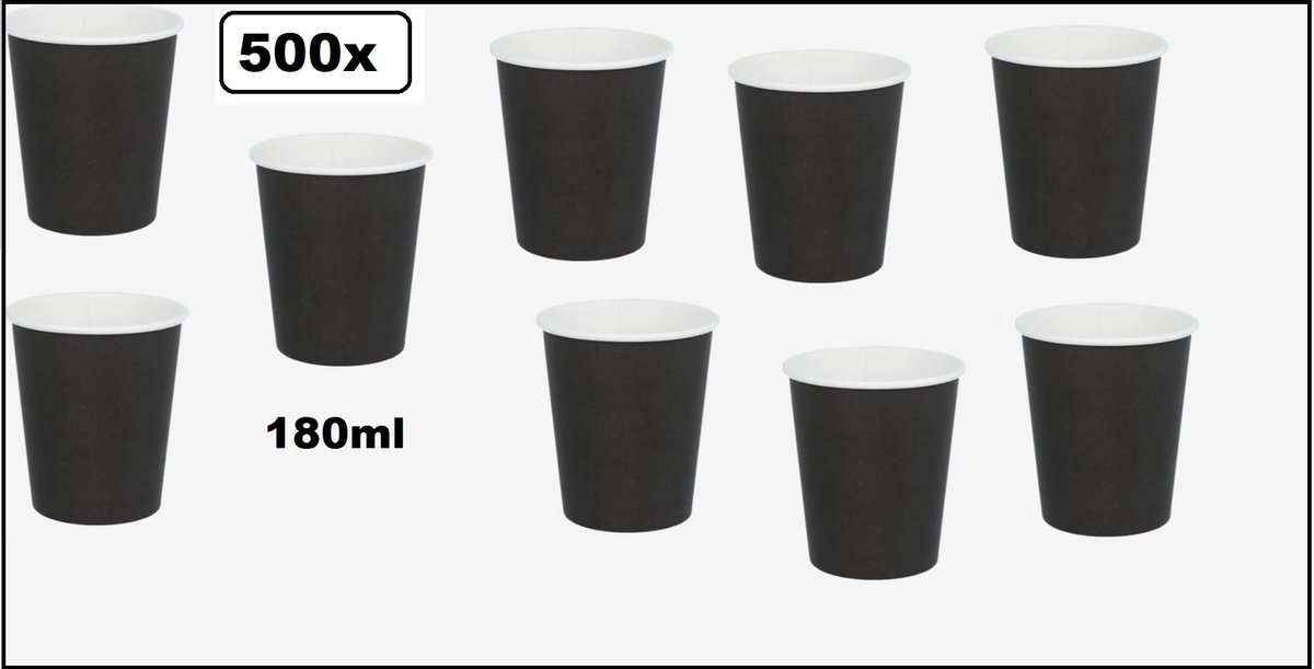500x Beker koffie karton zwart 180ml - Black koffie beker melk suiker hout festival thema feest verjaardag werk lepel