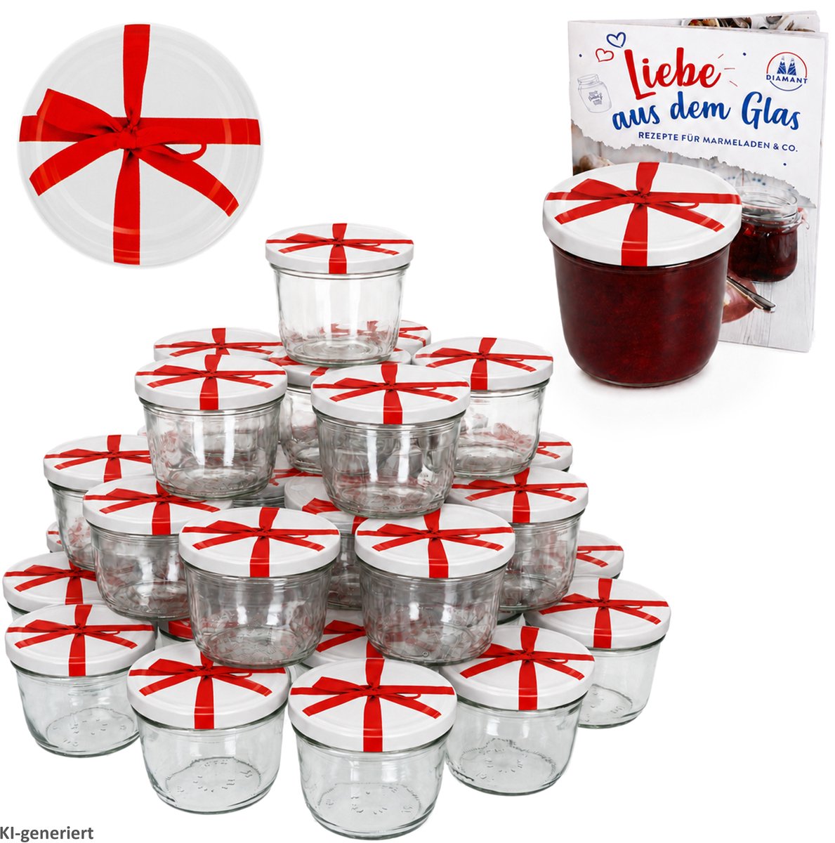 Set van 100 bekers 230 ml Naar 82 lint decor deksel incl. Diamant Gelierzauber receptenboekje