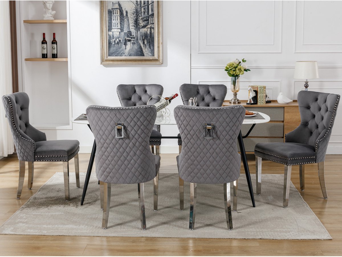 MODFU - Eetkamerstoelenset - Gestoffeerd - Met Vierpoots Onderstel - Modern - Voor Eethoek - Fluweel - Grijs - 6 Stuks