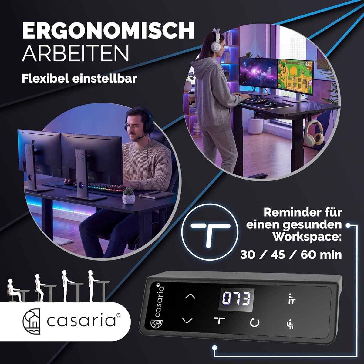 GameCore Titan Pro Elektrisch Zit-Sta Gaming Bureau 140 x 70 cm met Draadloze Oplader, USB-C & USB-A, LCD Display, Memory Functies en 80 kg Draagvermogen Carbon Look